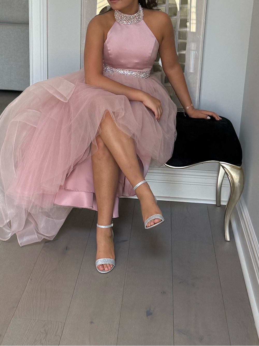 Sleeveless Pink Halter Tulle Prom Dress with Beaded Waist custom made high low.